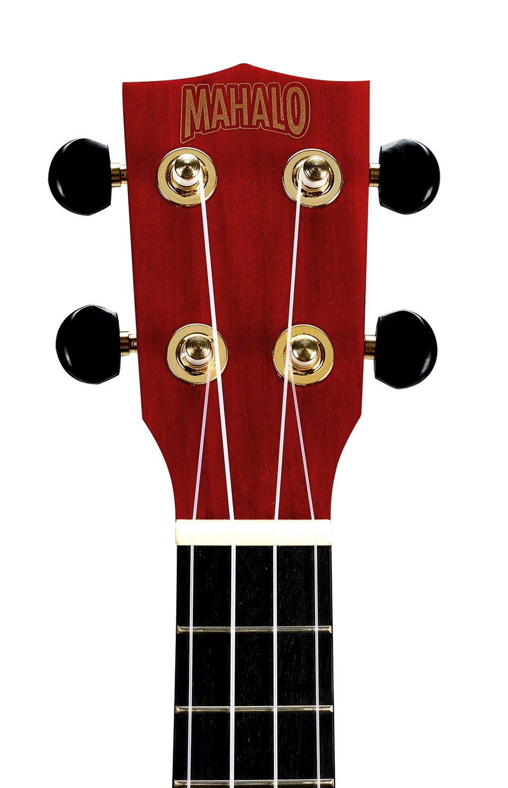 Mahalo MS1TRD Slimline ukulele headstock in transparent red, showcasing the tuning pegs and brand logo.