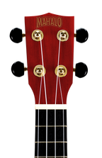 Mahalo MS1TRD Slimline ukulele headstock in transparent red, showcasing the tuning pegs and brand logo.