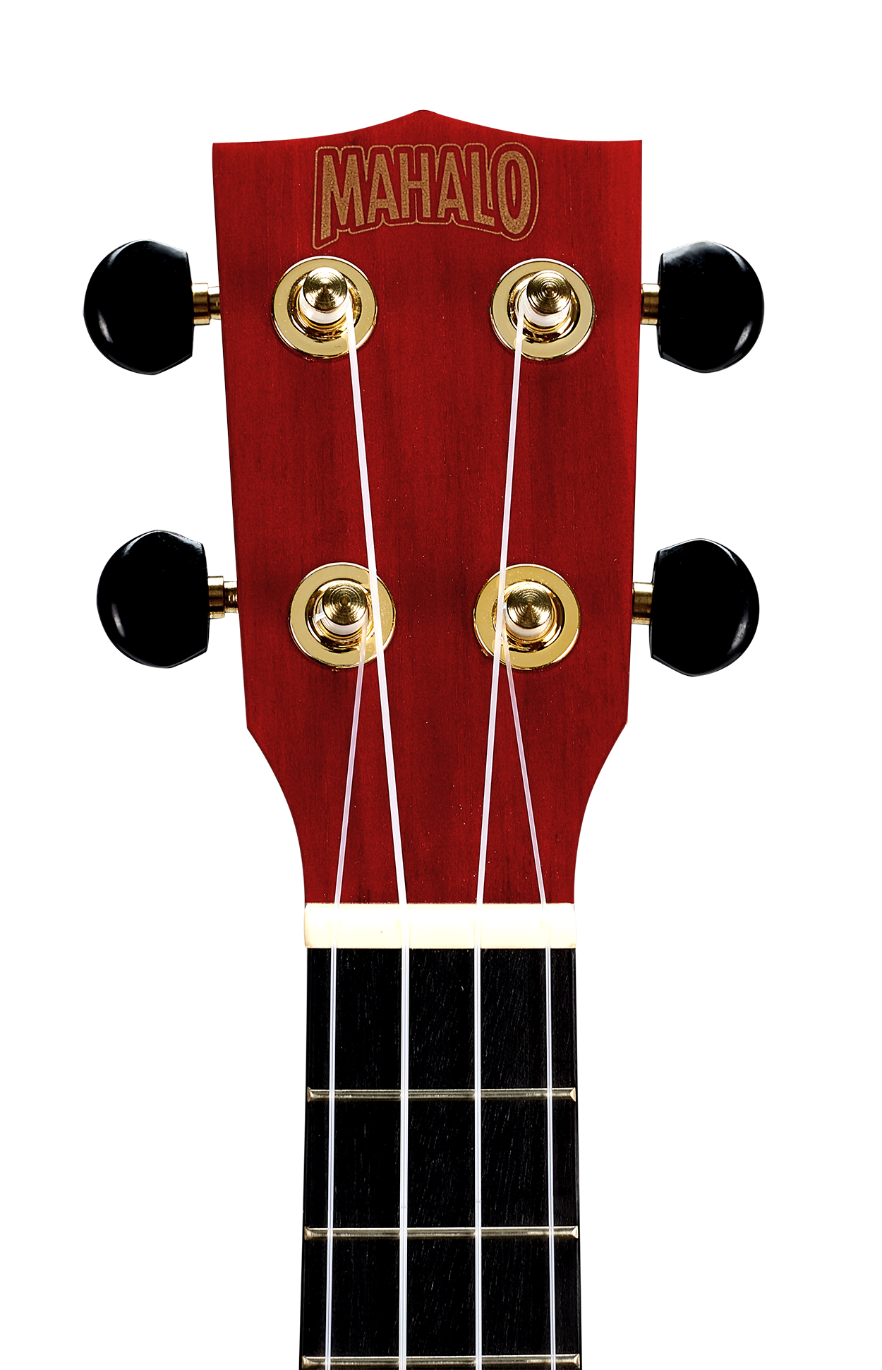 Mahalo MS1TRD Slimline ukulele headstock in transparent red, showcasing the tuning pegs and brand logo.