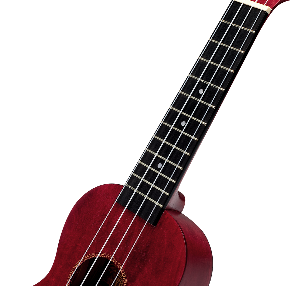 Mahalo MS1TRD Slimline transparent red ukulele with visible neck and fretboard, showcasing its sleek design and vibrant finish.