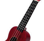 Mahalo MS1TRD Slimline transparent red ukulele with visible neck and fretboard, showcasing its sleek design and vibrant finish.