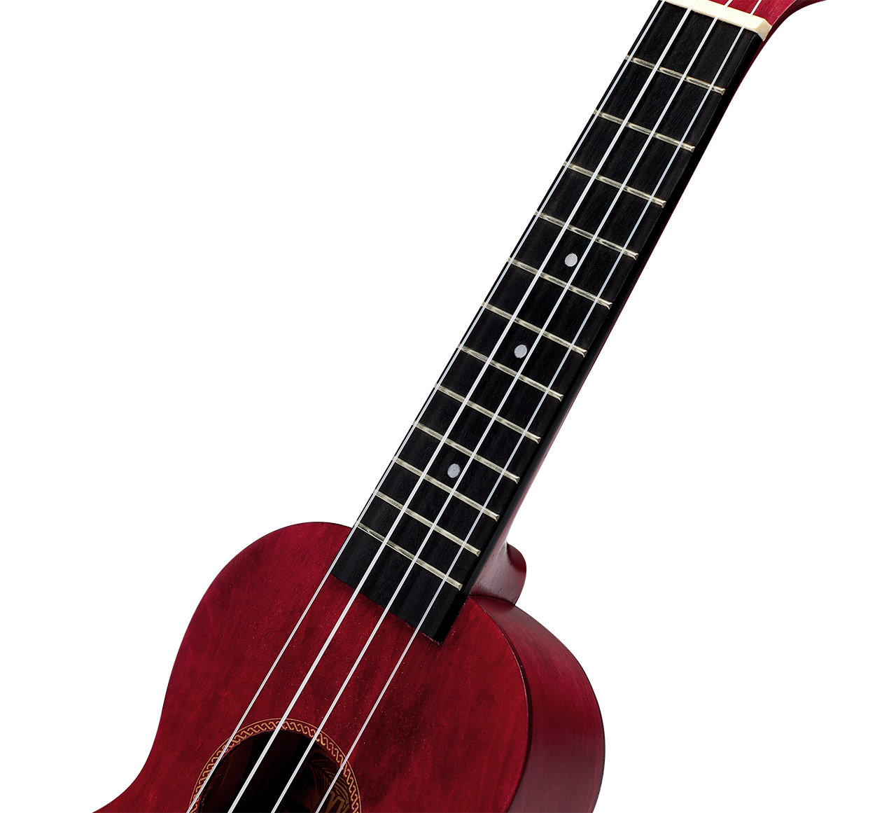 Mahalo MS1TRD Slimline transparent red ukulele with visible neck and fretboard, showcasing its sleek design and vibrant finish.