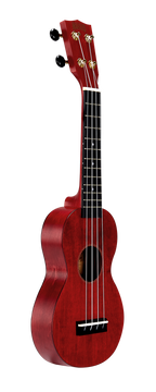 Mahalo MS1TRD Slimline Transparent Red Ukulele shown from the right side, highlighting its sleek design and vibrant red finish.