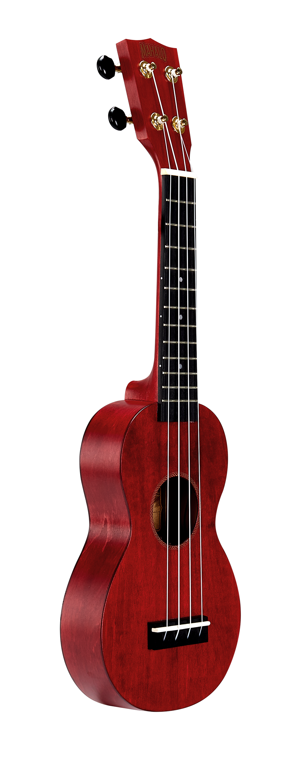 Mahalo MS1TRD Slimline Transparent Red Ukulele shown from the right side, highlighting its sleek design and vibrant red finish.