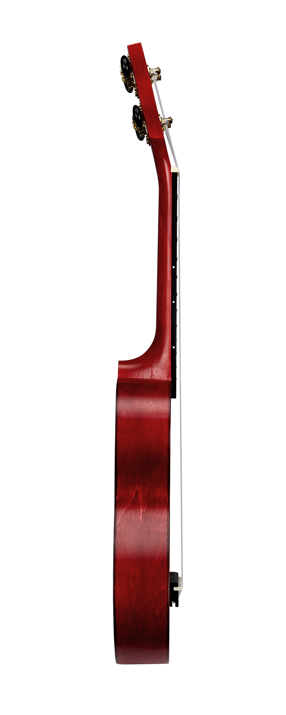 Mahalo MS1TRD slimline ukulele in transparent red, showing side view with smooth finish and compact design.