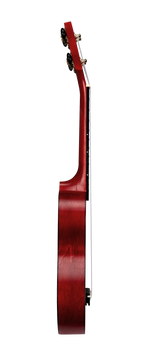 Mahalo MS1TRD slimline ukulele in transparent red, showing side view with smooth finish and compact design.