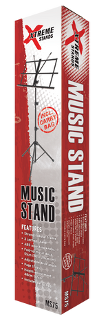 Black Xtreme MS75 lightweight music stand with carrying bag, adjustable height and portable design for musicians.