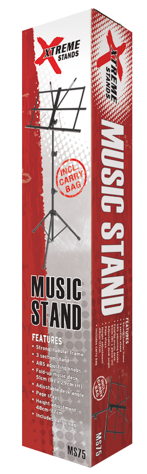 Black Xtreme MS75 lightweight music stand with carrying bag, adjustable height and portable design for musicians.