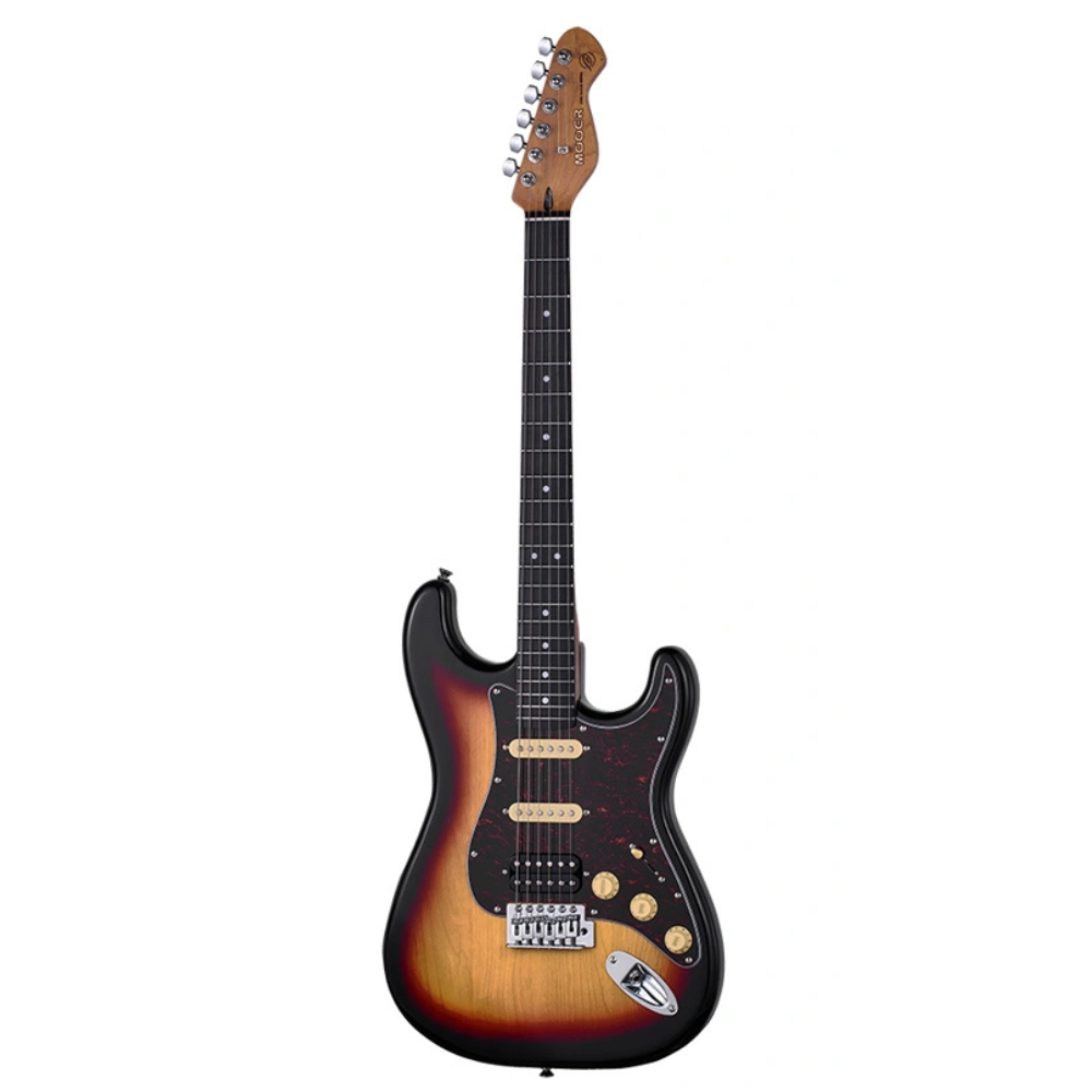 Mooer MSC10 ST-style electric guitar in Tobacco Sunburst finish, showing the body, neck, and pickups.