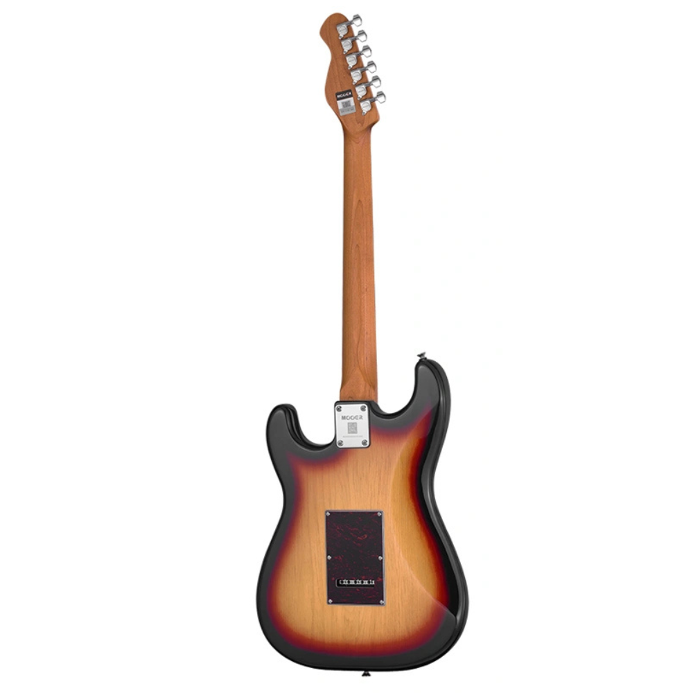 Mooer MSC10 electric guitar in Tobacco Sunburst finish, showcasing its ST-style body, maple neck, and dual humbucking pickups.