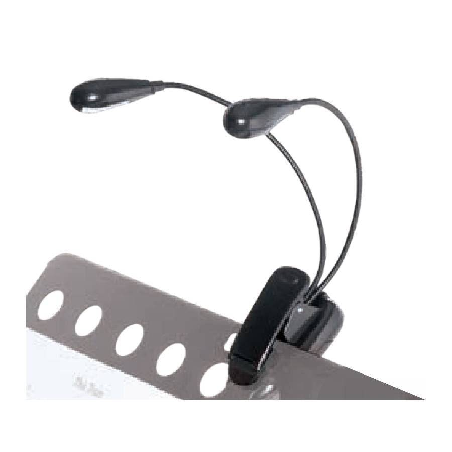 AMS MSL2 music stand light attached to a black music stand, providing adjustable LED illumination for sheet music.