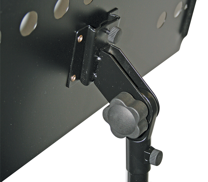 Rear view of Xtreme MST5 Heavy Duty Music Stand with sturdy metal frame and adjustable height for musicians.