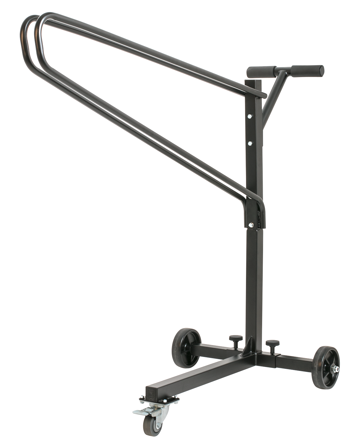 Xtreme MSTR1 heavy-duty steel music stand trolley with capacity for 10-12 stands, shown with multiple securely stacked music stands.