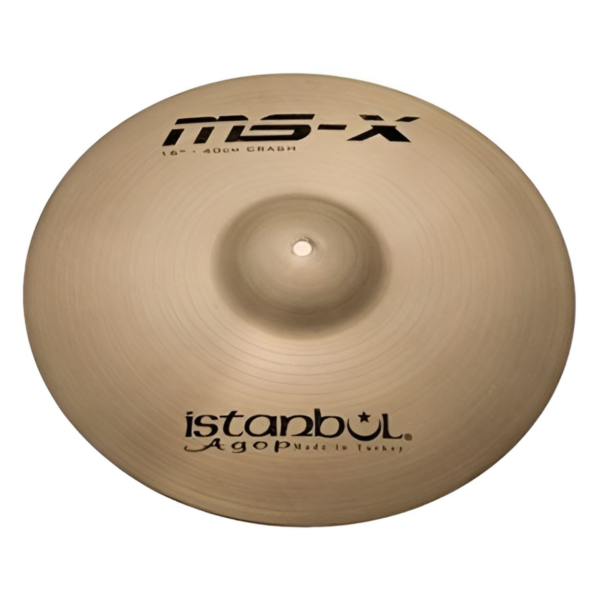 Istanbul 14-inch Istanbul Agop MS-X Crash cymbal, single cymbal with a shiny finish and intricate hammering details.