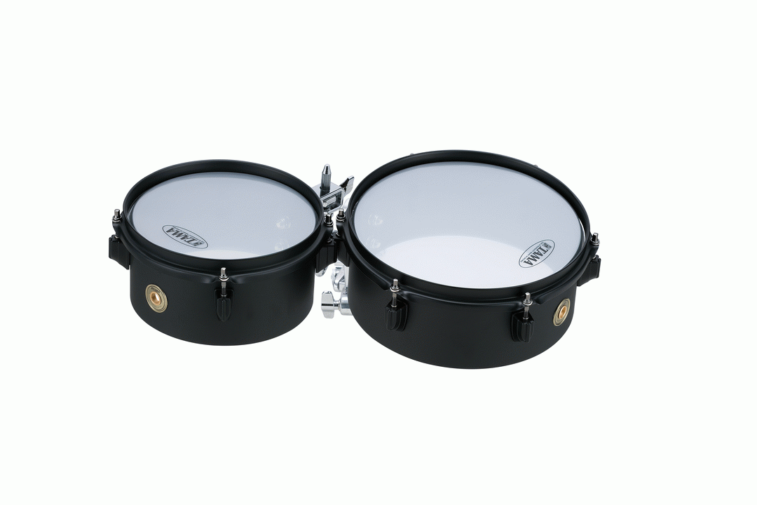 Tama Metalworks Effect Series mini-tymp in black, 4x8 and 4x10 size, hand percussion instrument with metal surface and tuning features.