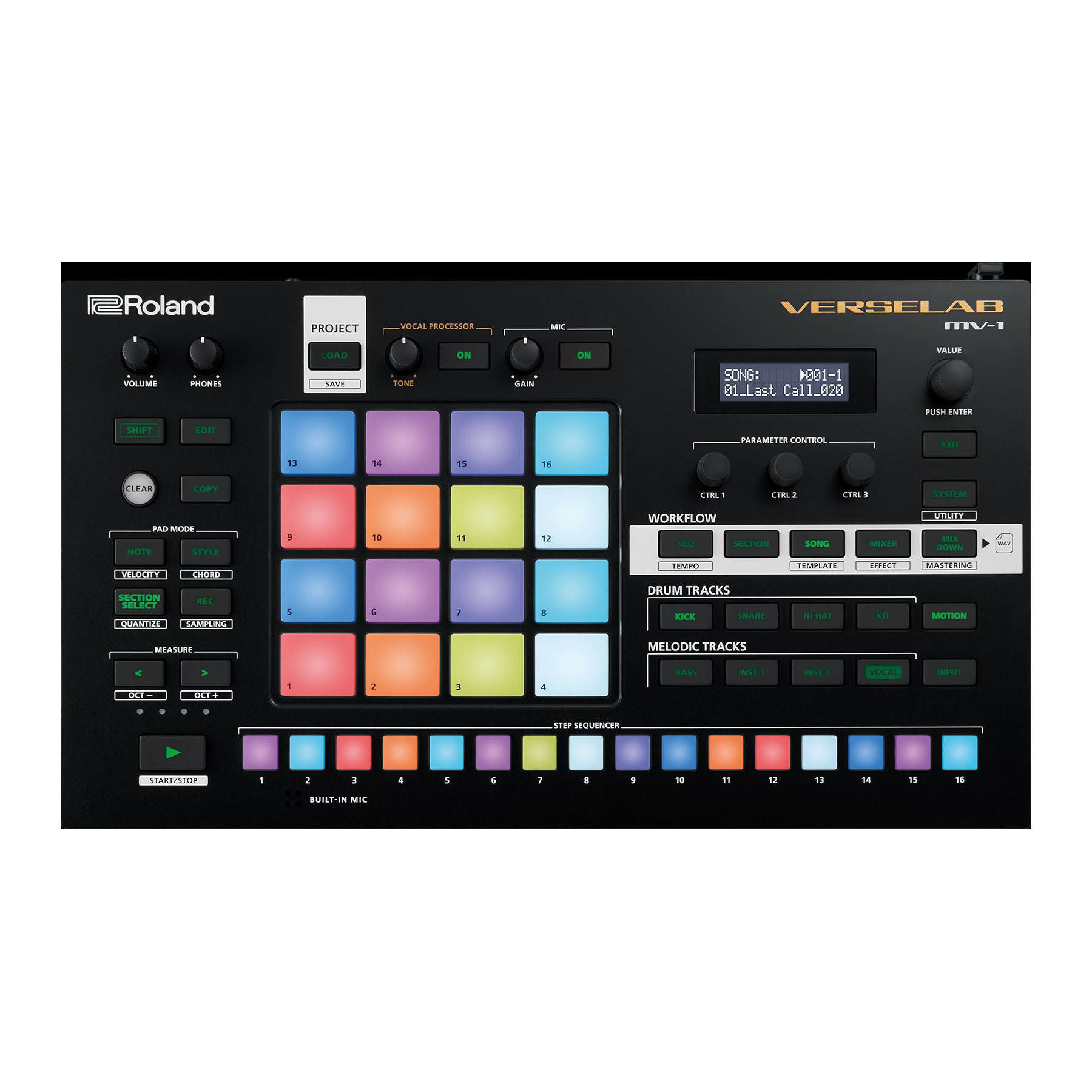 Roland MV-1 Verselab Song Production Studio, a compact groovebox with buttons, knobs, and a sleek design.