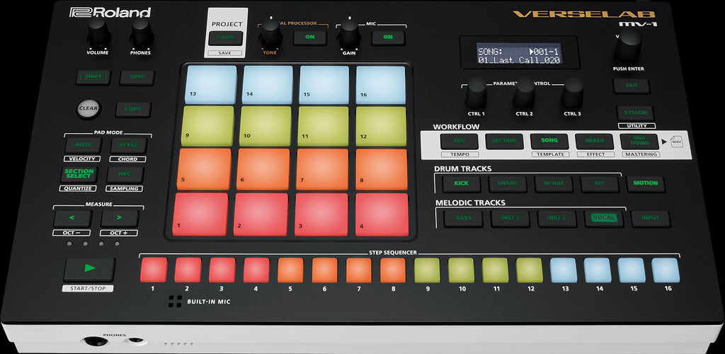 Roland MV-1 Verselab Song Production Studio with groovebox interface and control knobs on a sleek design.