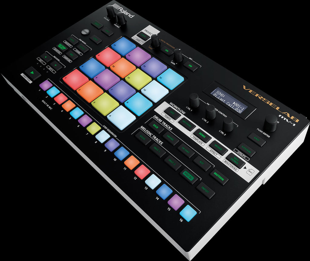 Roland MV-1 Verselab Song Production Studio with various buttons and a screen, set against a clean background.
