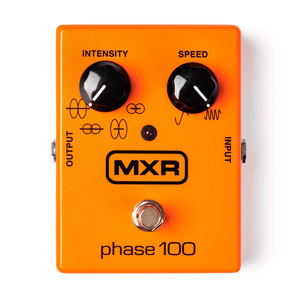 MXR Phase 100 guitar effects pedal with control knobs, compact design, and input/output jacks, used for creating phase shift sounds.