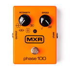 MXR Phase 100 guitar effects pedal with control knobs, compact design, and input/output jacks, used for creating phase shift sounds.