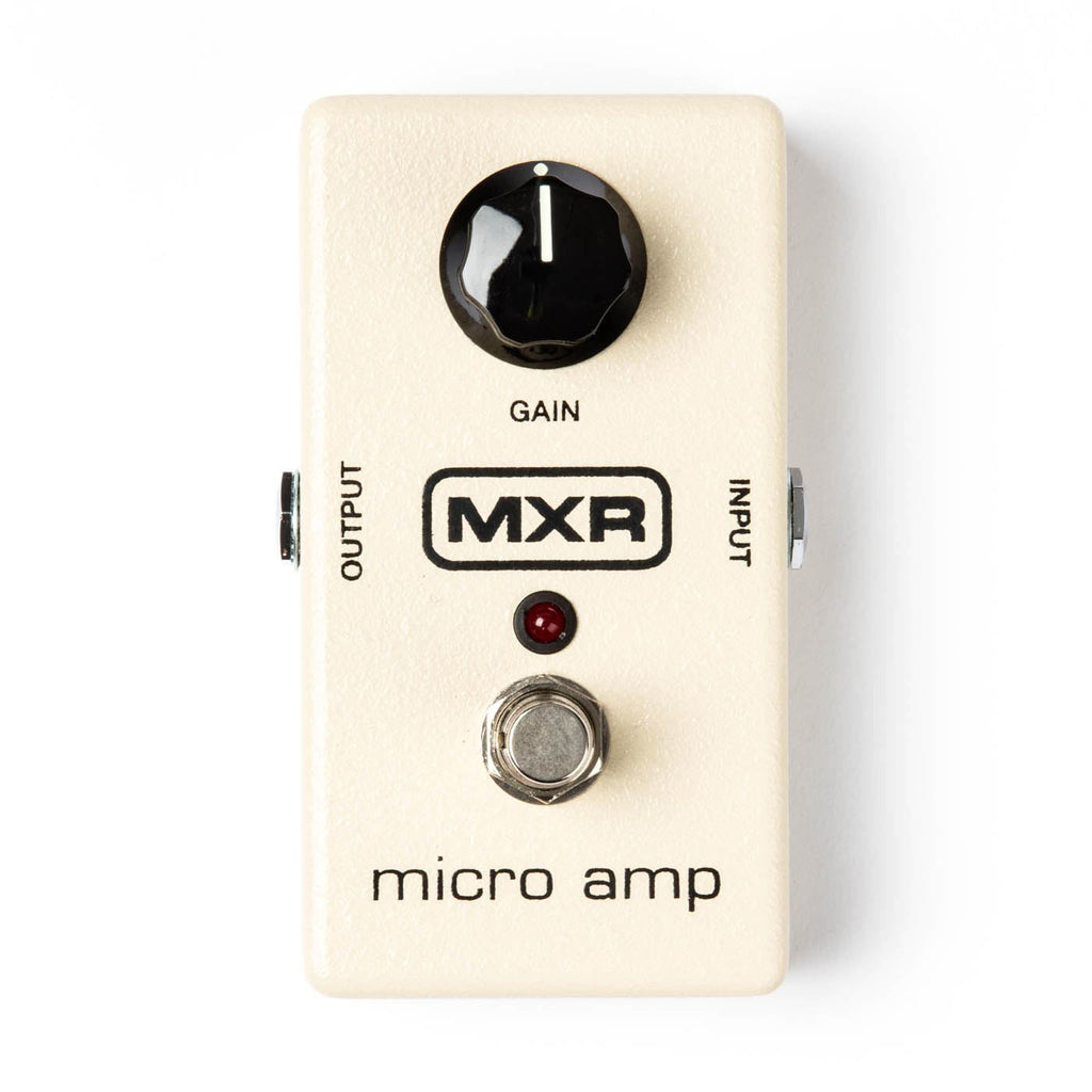 MXR Micro Amp guitar effects pedal with single effect pedal design and compact metal enclosure, featuring control knob and input/output jacks.
