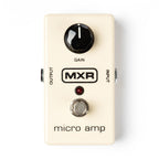 MXR Micro Amp guitar effects pedal with single effect pedal design and compact metal enclosure, featuring control knob and input/output jacks.