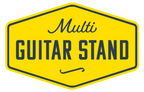 XTR Multi 3 Guitar Stand holding three electric guitars with a badge label, designed for secure and convenient guitar storage.