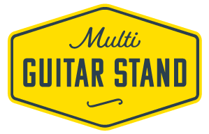 XTR Multi 3 Guitar Stand holding three electric guitars with a badge label, designed for secure and convenient guitar storage.