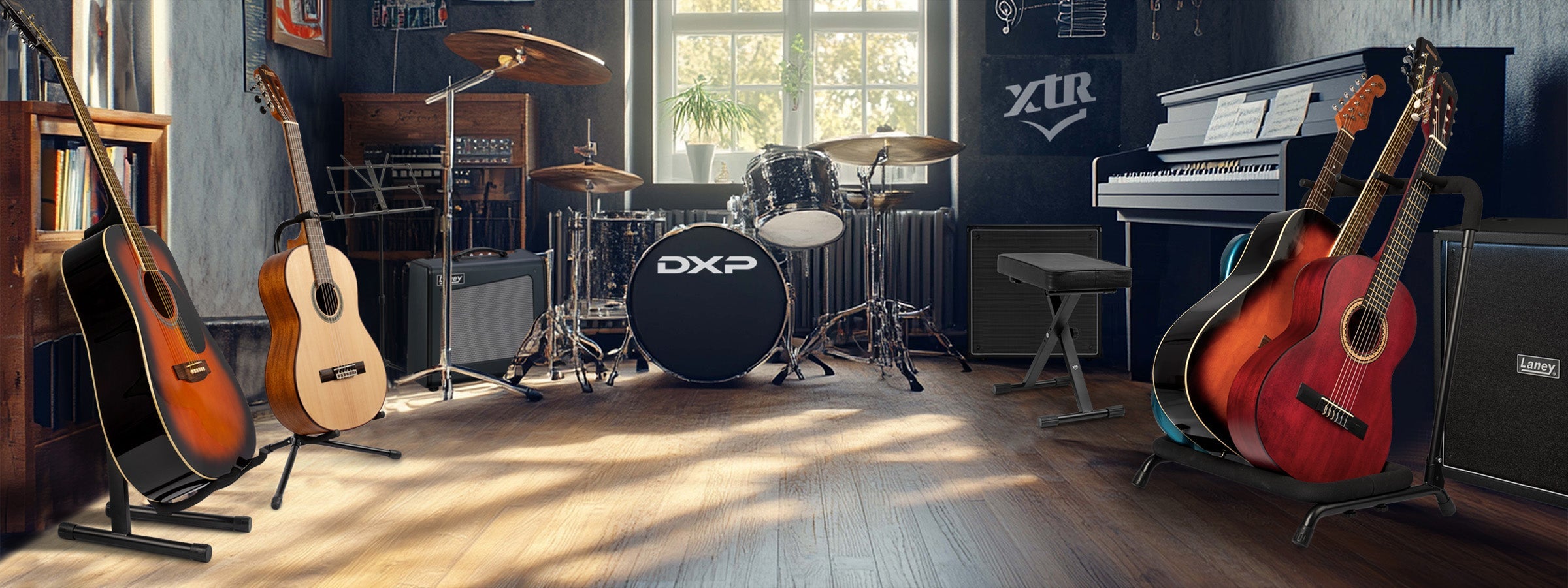 XTR tubular style guitar stand holding an electric guitar, part of music school guitar accessories collection.