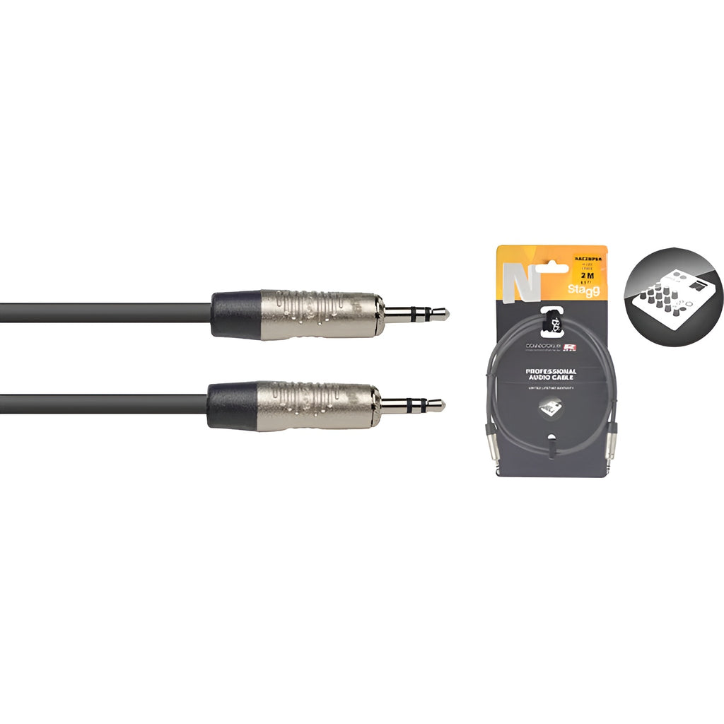 Stagg 3.5mm TRS audio cable, 2 meters long, used for PA systems and audio connections, shown with connector details.