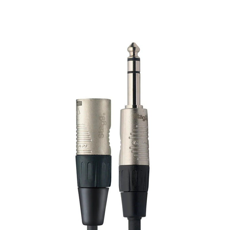 Stagg 3m microphone cable with 6.35mm TRS plug and XLR male connector, used for professional audio and PA systems.
