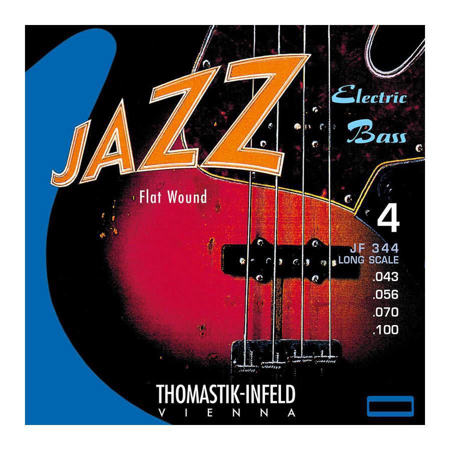 Thomastik JF344 Jazz Flat Wound electric bass guitar string set with 43-100 gauge, displayed on a white background.