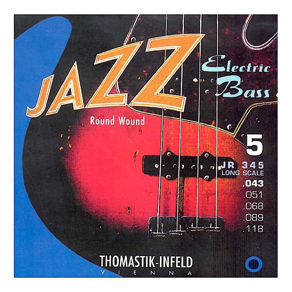Thomastik JR345 round wound electric bass guitar string set with five strings, sizes 43-118, on a neutral background.