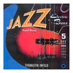 Thomastik JR345 round wound electric bass guitar string set with five strings, sizes 43-118, on a neutral background.