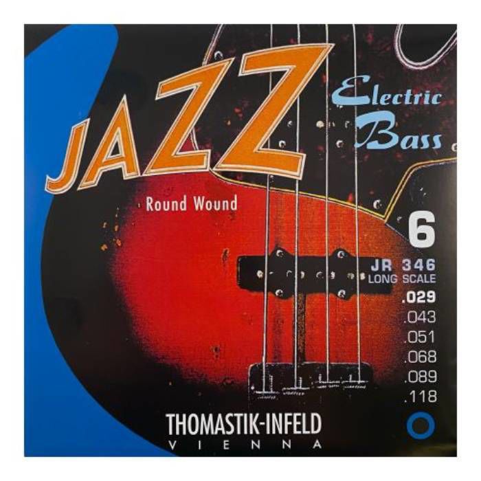Thomastik JR346 round wound electric bass guitar string set with six strings in various lengths and gauges, arranged on a white background.