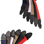 Franklin 2-inch red polyweb guitar strap with black leather ends, adjustable for comfort and support during playing.