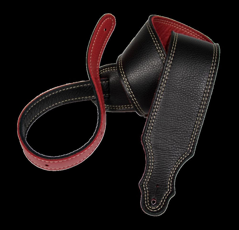 Franklin 2.5-inch black and red reversible leather guitar strap with natural stitching, designed for comfortable, stylish guitar support.