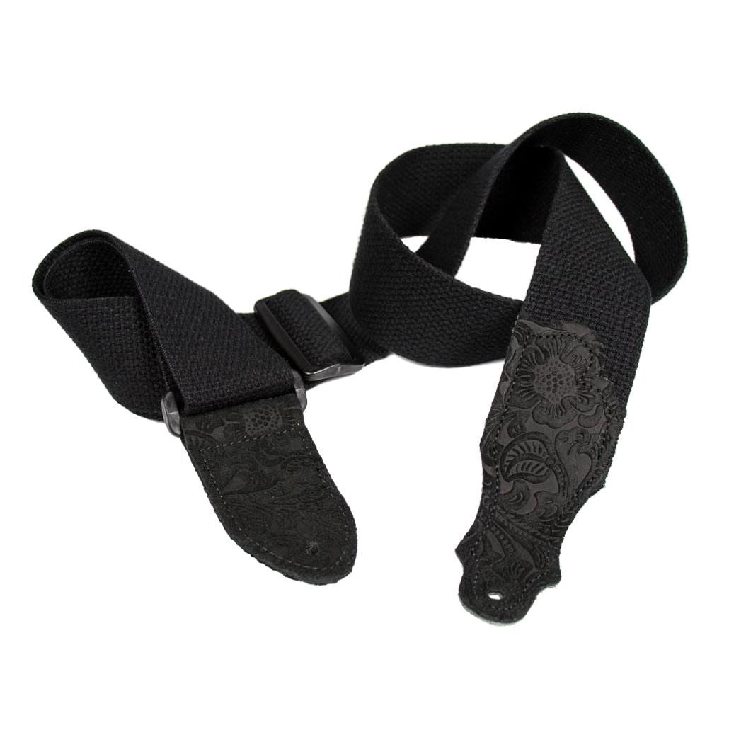 Franklin 2 Inch Black Cotton with Black Embossed Suede End Tab Guitar Strap