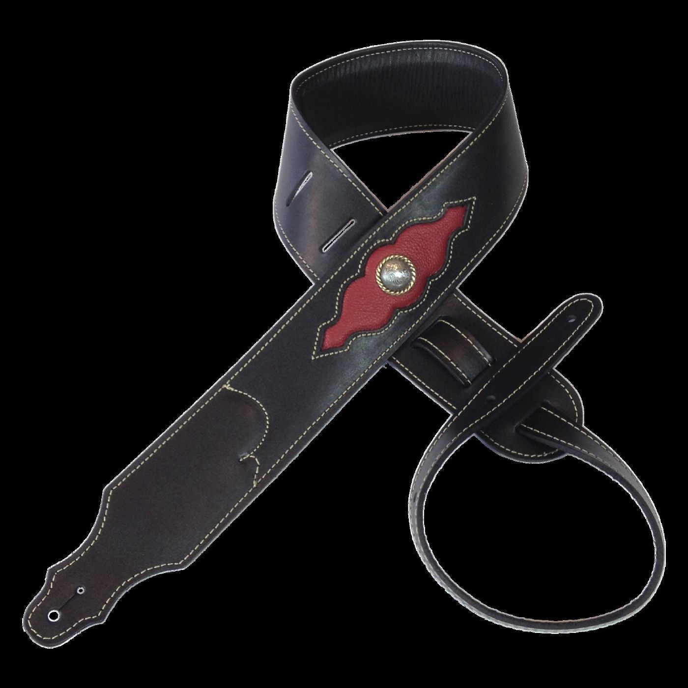 Franklin 2.5 Inch Padded Black Leather with Red Insert Concho Guitar Strap
