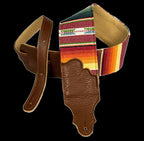 Franklin 3-inch saddle blanket guitar strap with caramel leather end tabs, featuring a durable woven design for comfortable playing.