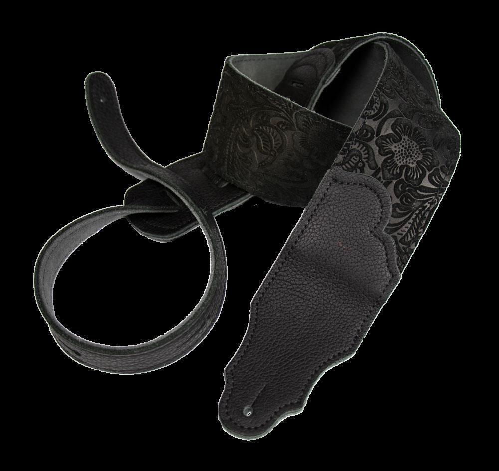 Franklin 2.5 Inch Black Embossed Suede with Black End Tab Guitar Strap