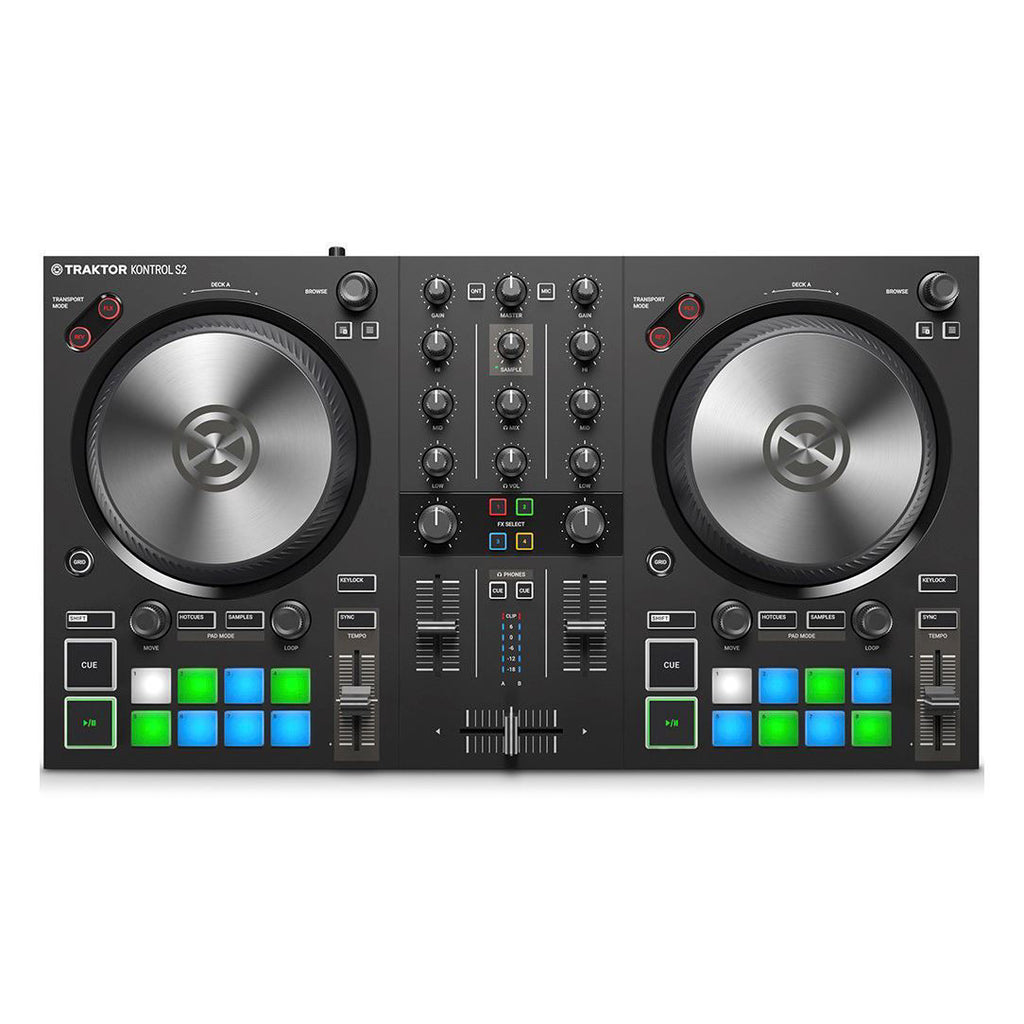 Native Instruments Traktor Kontrol S2 MK3 DJ controller with two decks, featuring jog wheels, buttons, and knobs for DJ mixing.