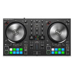 Native Instruments Traktor Kontrol S2 MK3 DJ controller with two decks, featuring jog wheels, buttons, and knobs for DJ mixing.