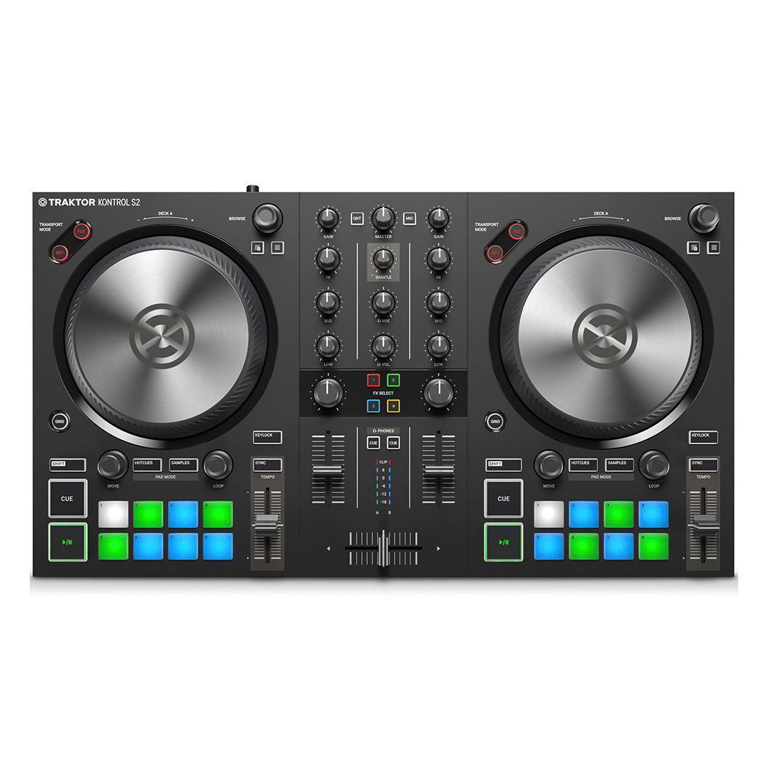 Native Instruments Traktor Kontrol S2 MK3 DJ controller with two decks, featuring jog wheels, buttons, and knobs for DJ mixing.