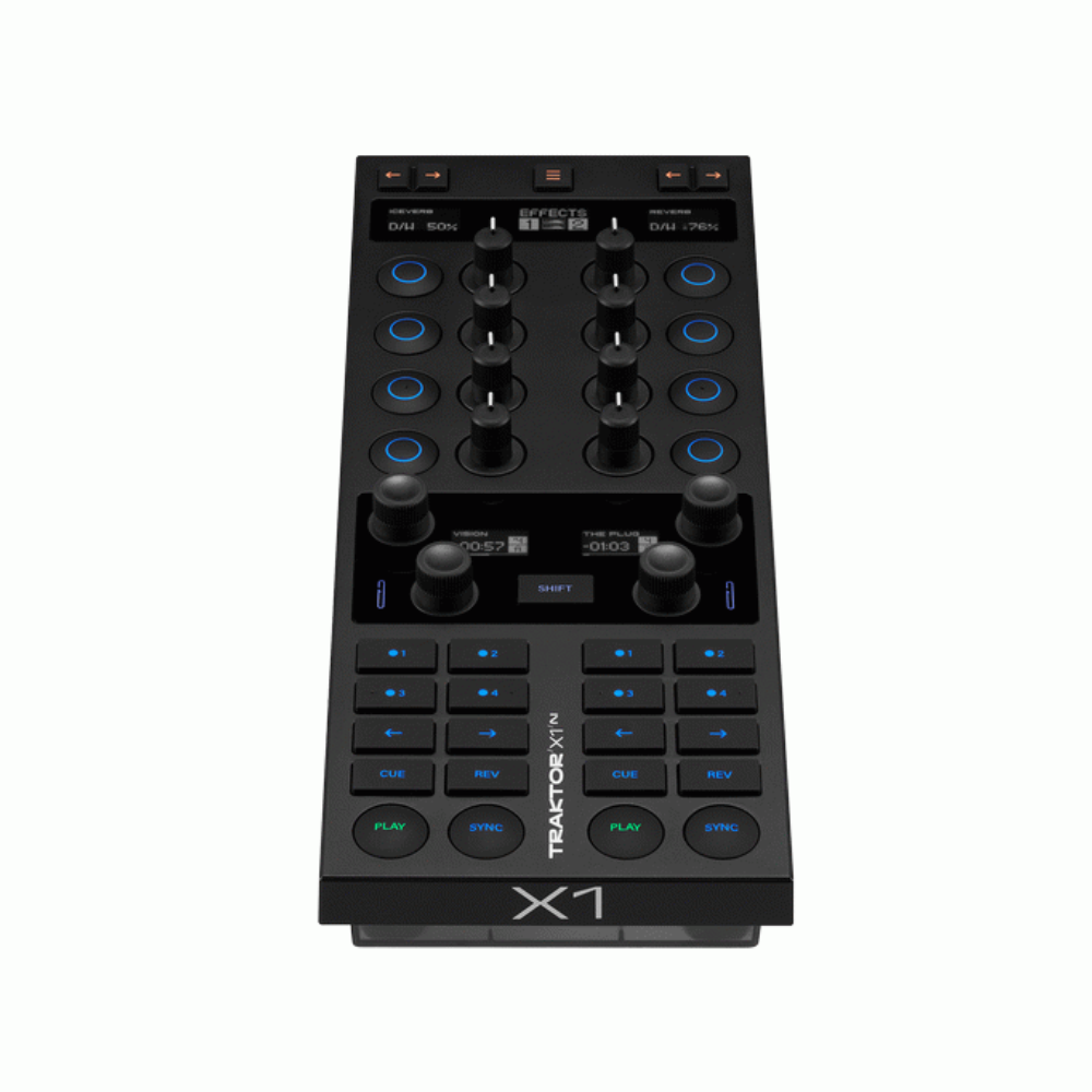 Native Instruments Traktor Kontrol X1 MK3 DJ controller with jog wheels, buttons, and knobs for professional DJ mixing and control.