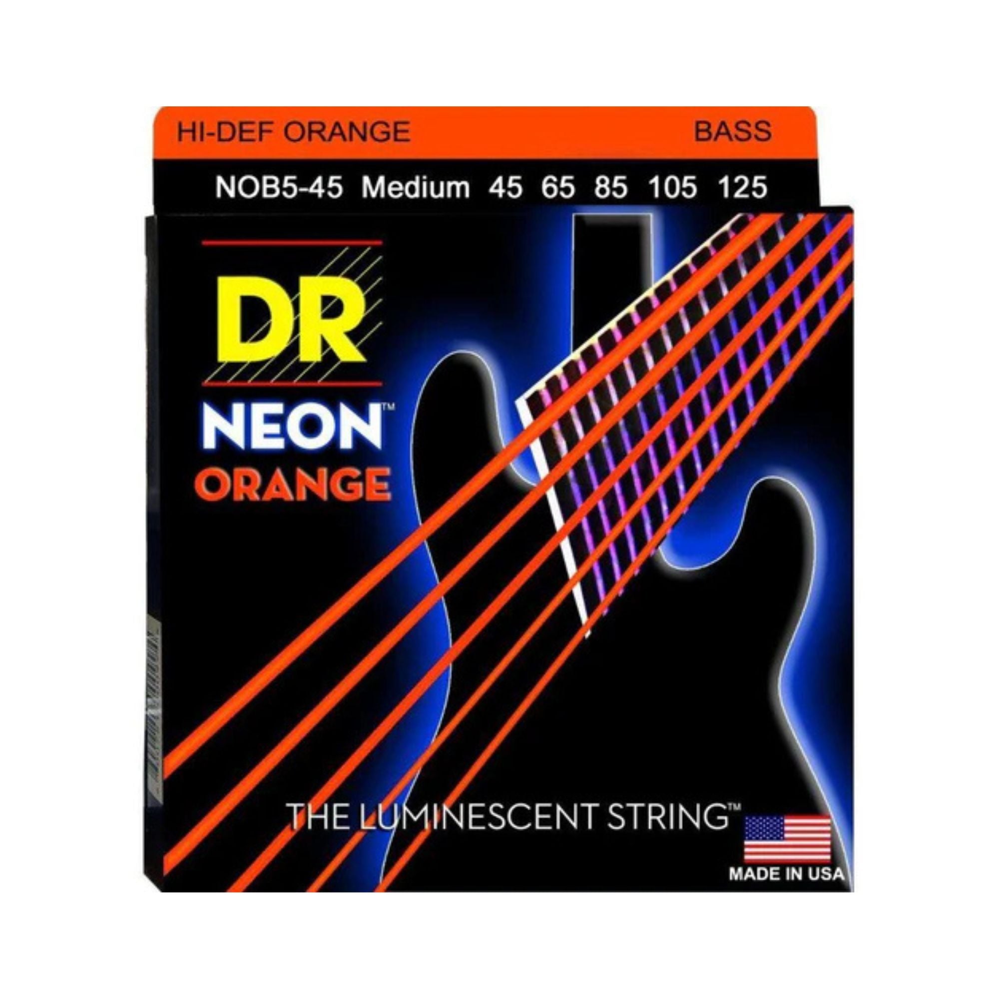DR Strings Neon NOB-45 orange 4-string bass strings set, showing vibrant neon-colored bass guitar strings on a clean background.