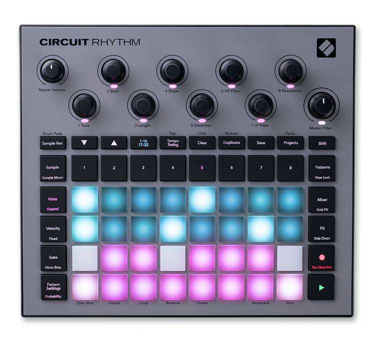 Novation Circuit Rhythm groovebox with colorful pads, knobs, and a sleek design for music production.
