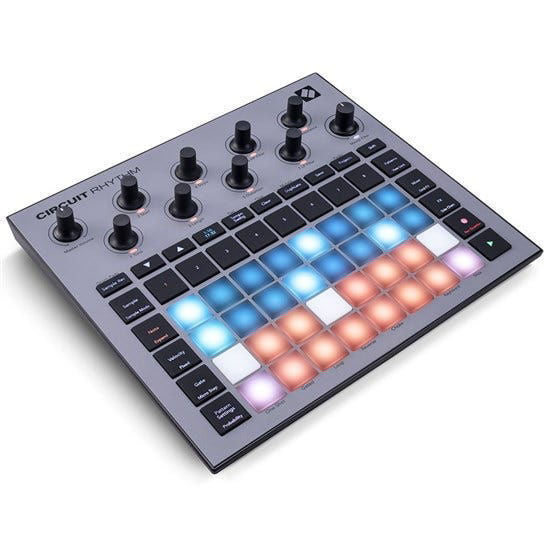 Novation Circuit Rhythm groovebox with pads and controls, showcasing its compact design and vibrant interface.