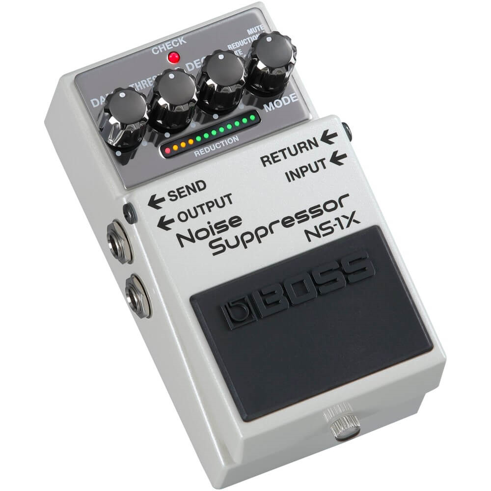 BOSS NS-1X Intelligent Noise Suppressor guitar effect pedal with controls and input/output jacks, black and silver design.