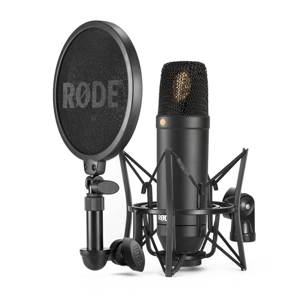 Rode NT1 studio condenser microphone kit with microphone, shock mount, and accessories for professional recording.